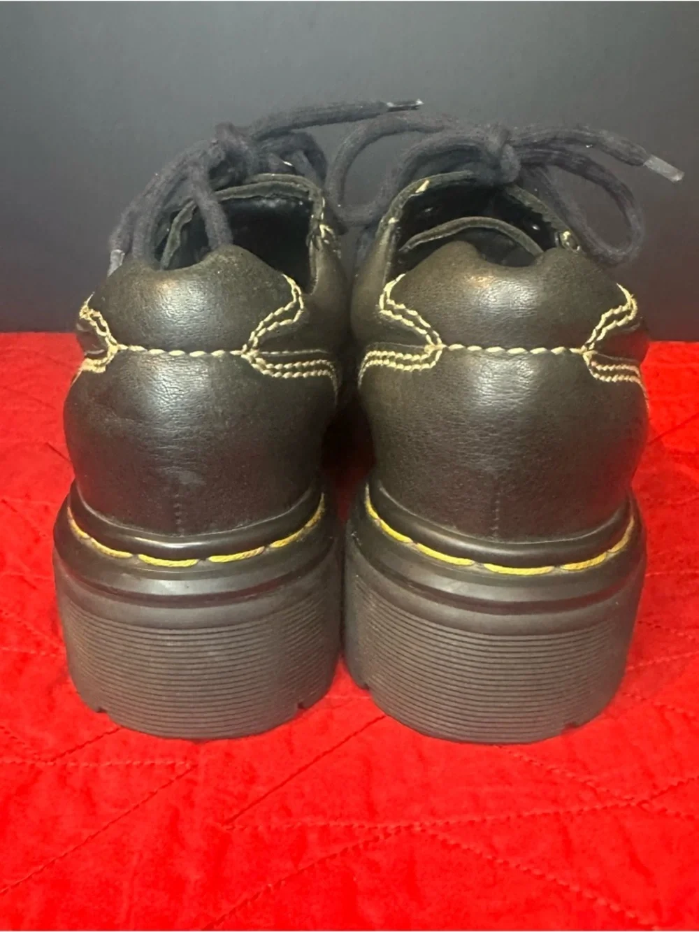 Vintage Dr. Martens Black Leather Shoes with Yellow Stitching